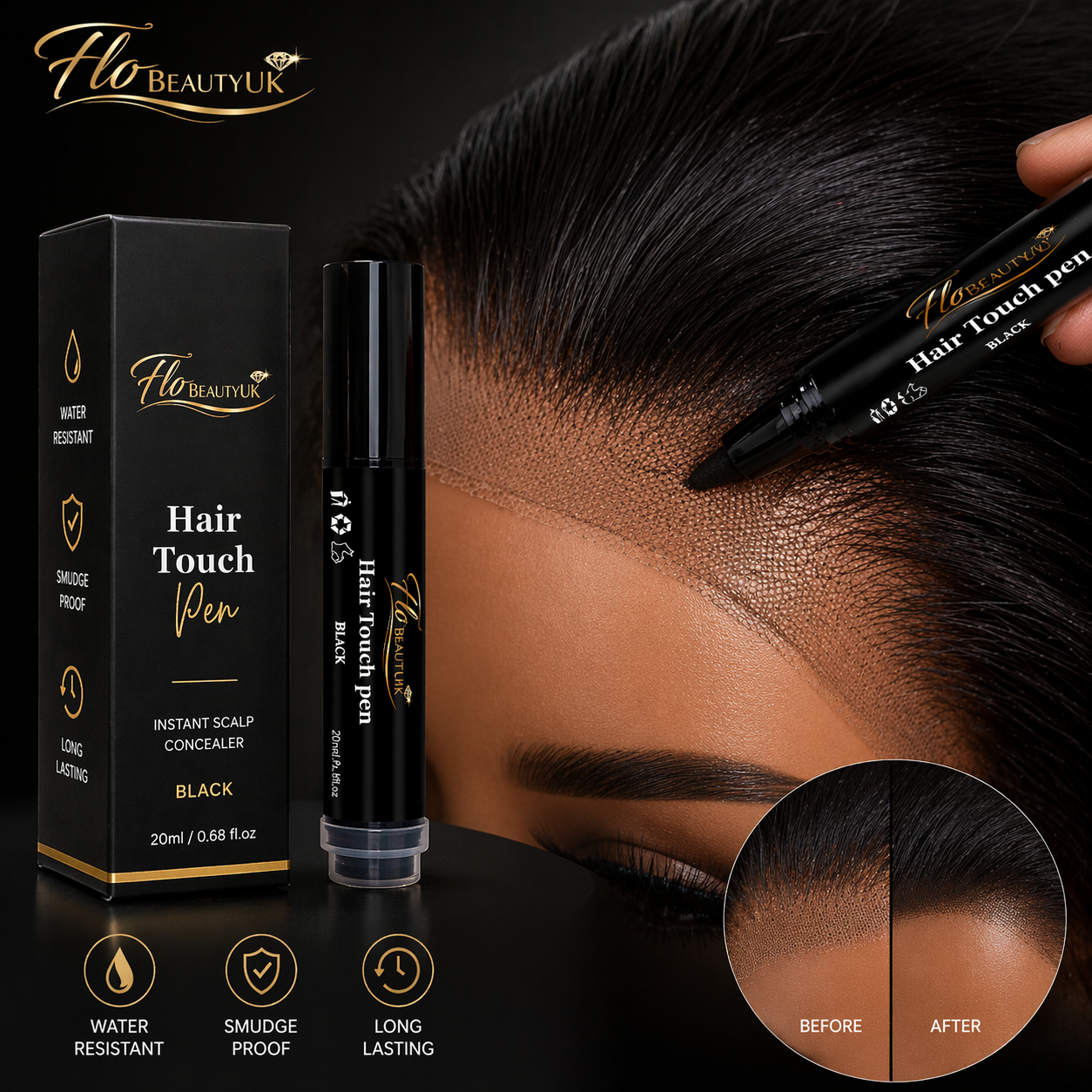 FloBeautyUK Hair Touch-Up Pen Instant Root & Hairline Coverage (Black)
